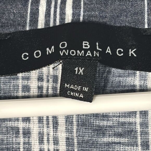 Como Black Blue White Peasant Criss Cross Stretch Flowy Top Size 1X - Picture 3 of 9